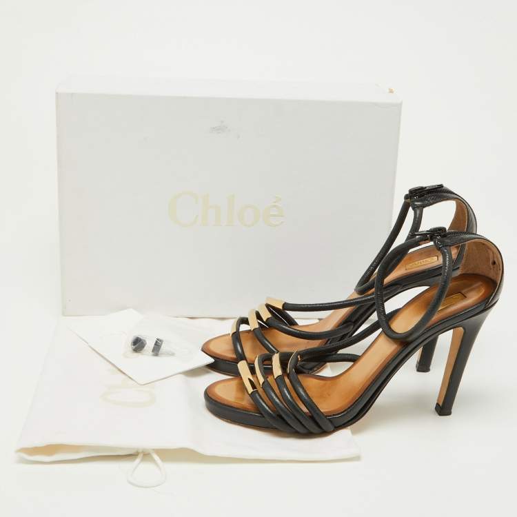 Pre Owned Chloe Black Leather Strappy Ankle Strap Sandals Size 38