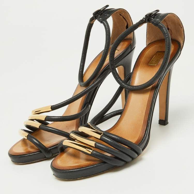 Pre Owned Chloe Black Leather Strappy Ankle Strap Sandals Size 38