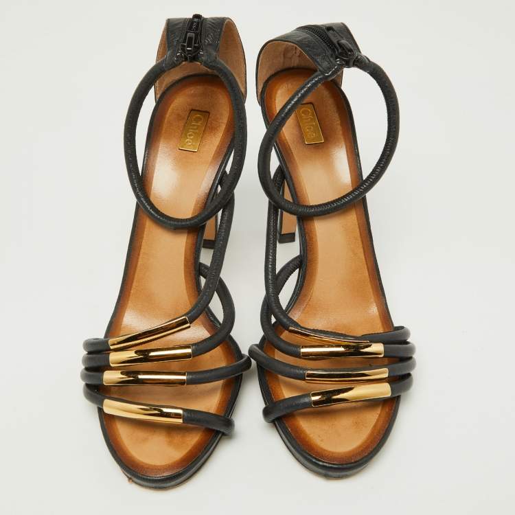 Pre Owned Chloe Black Leather Strappy Ankle Strap Sandals Size 38