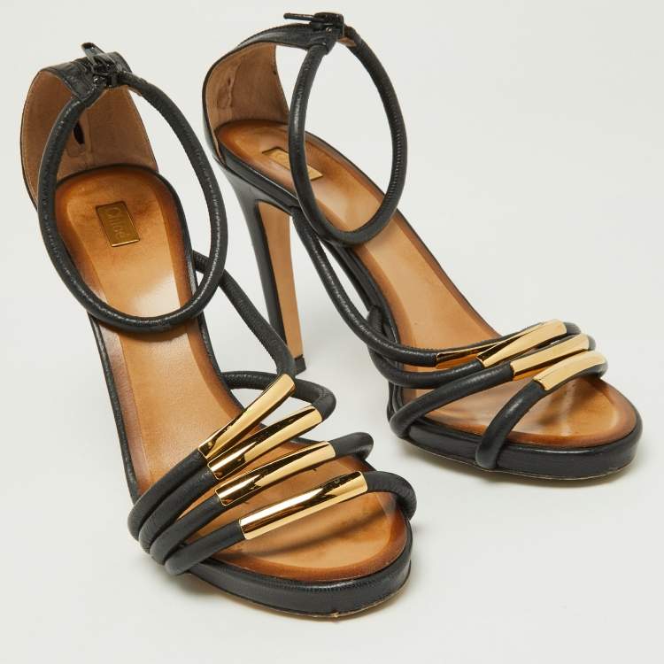 Pre Owned Chloe Black Leather Strappy Ankle Strap Sandals Size 38