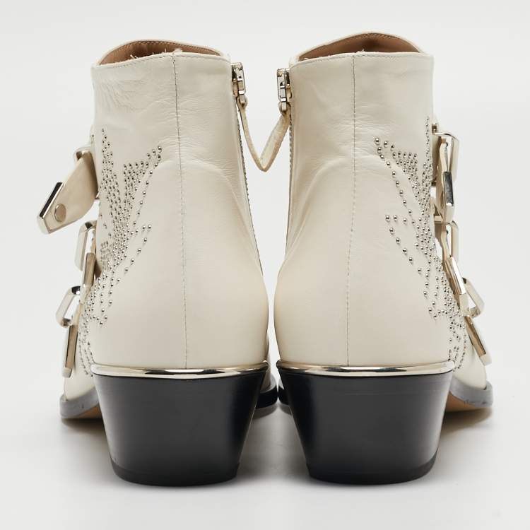 Pre Owned Chloe Cream Leather Buckle Ankle Boots Size 40