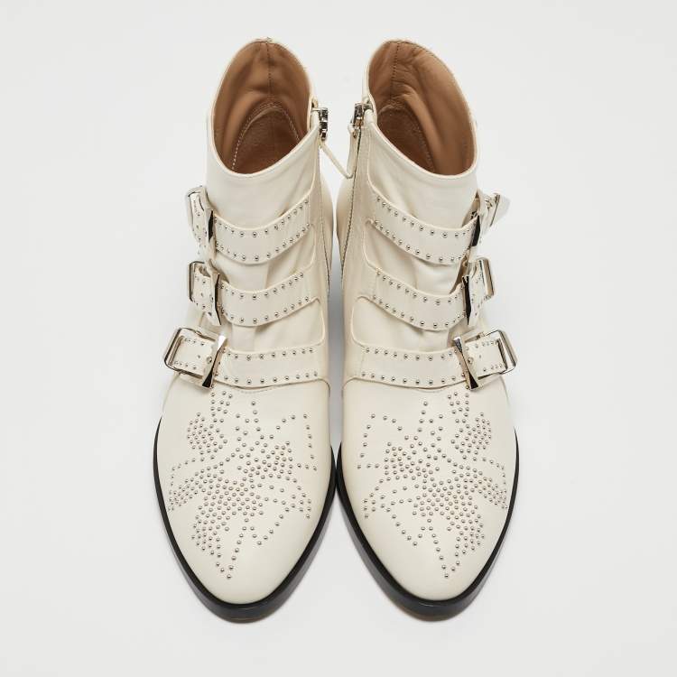 Pre Owned Chloe Cream Leather Buckle Ankle Boots Size 40