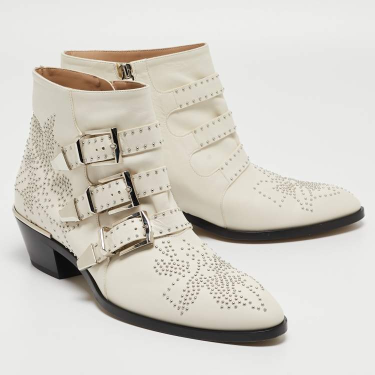 Pre Owned Chloe Cream Leather Buckle Ankle Boots Size 40