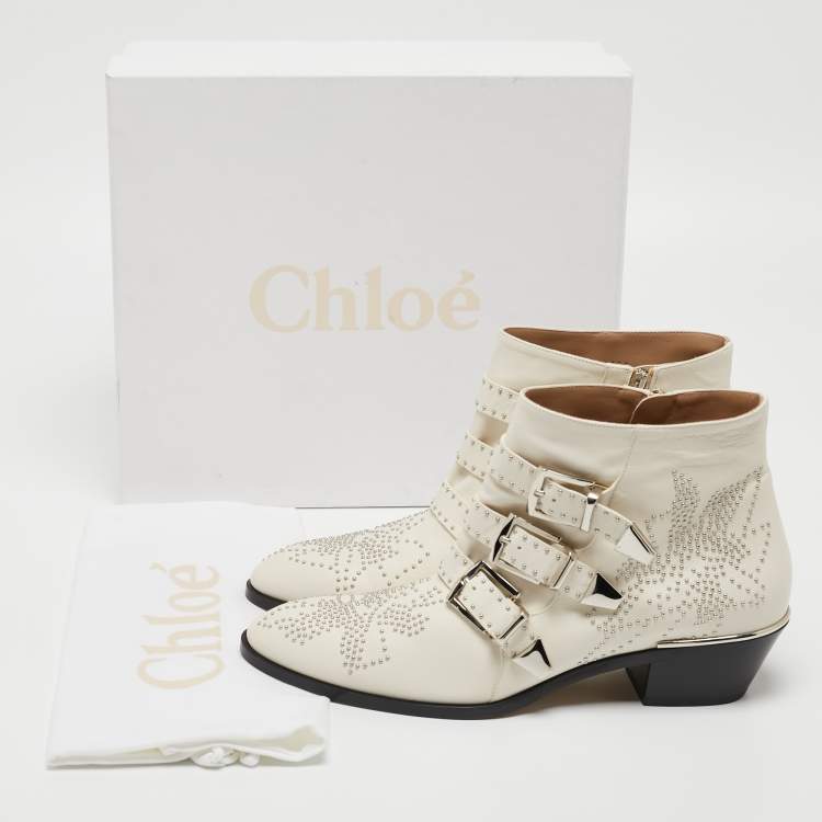 Pre Owned Chloe Cream Leather Buckle Ankle Boots Size 40