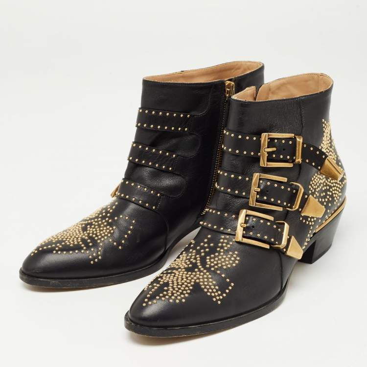 مملوكة مسبقًا Chloe Black Leather Susanna Ankle Boots Size 39.5