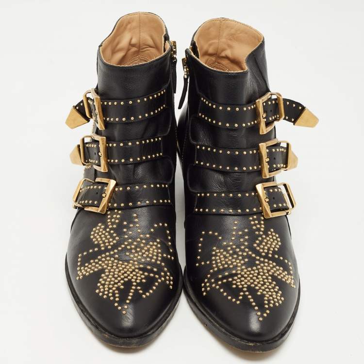 مملوكة مسبقًا Chloe Black Leather Susanna Ankle Boots Size 39.5
