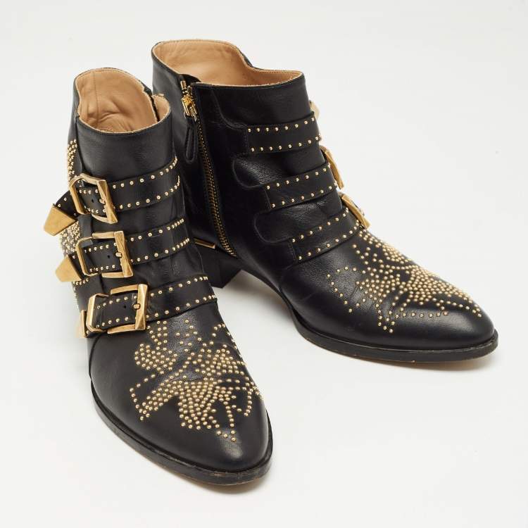 مملوكة مسبقًا Chloe Black Leather Susanna Ankle Boots Size 39.5