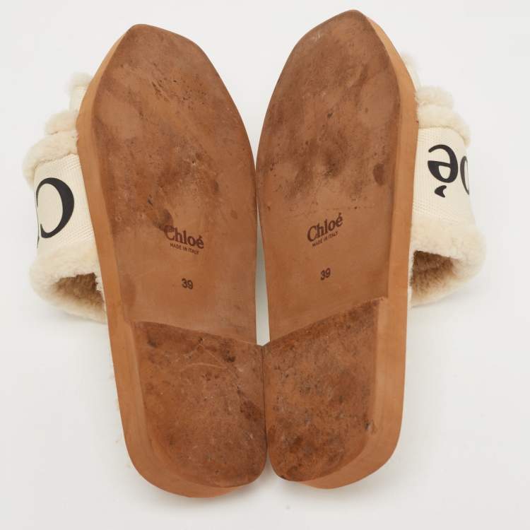Pre Owned Chloe White Canvas and Fur Shearling Woody Slide Flats Size 39