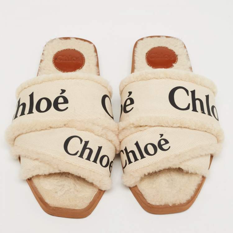 Pre Owned Chloe White Canvas and Fur Shearling Woody Slide Flats Size 39