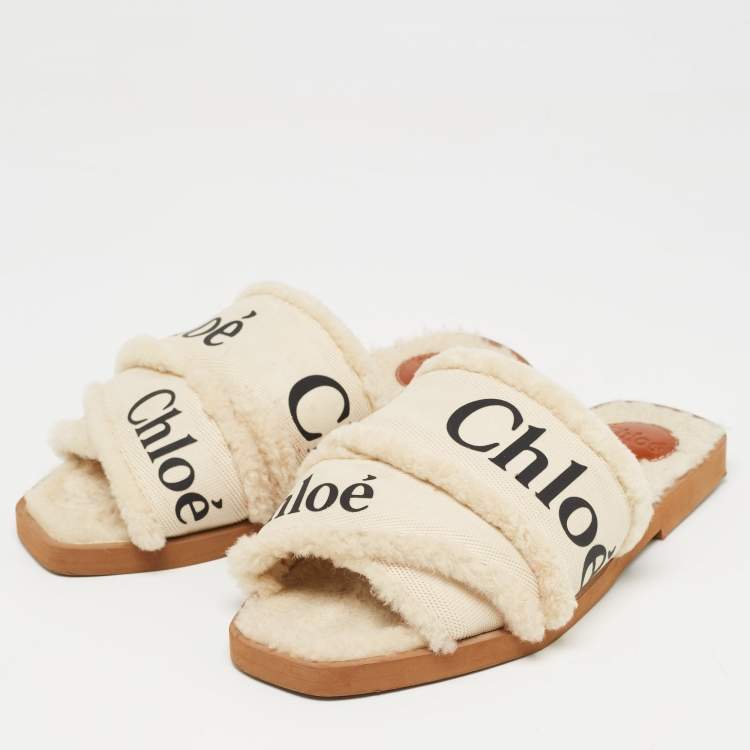 Pre Owned Chloe White Canvas and Fur Shearling Woody Slide Flats Size 39