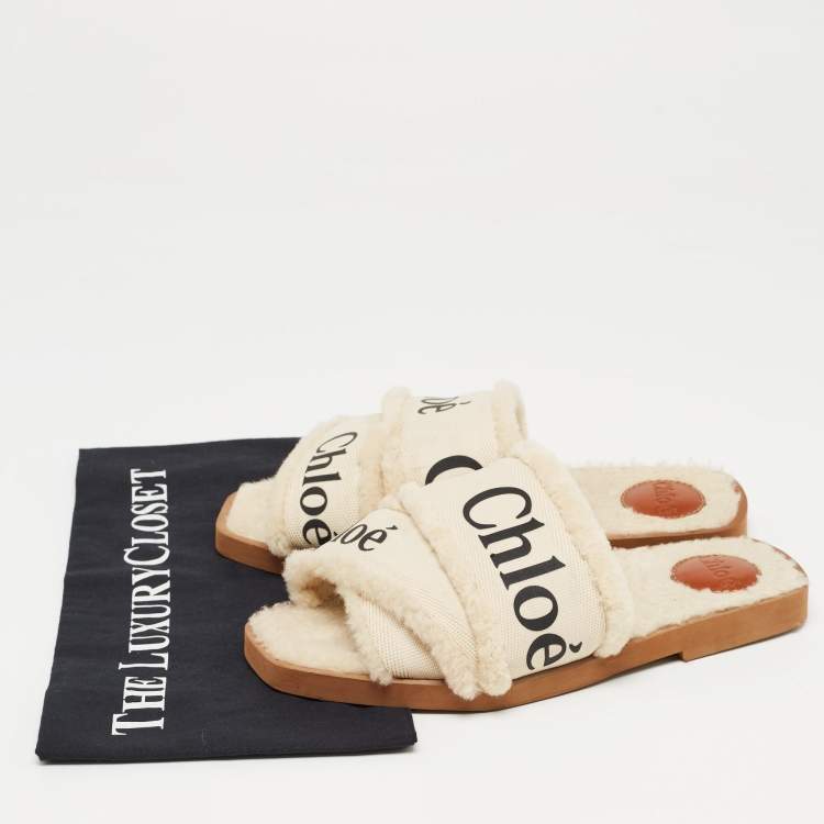 Pre Owned Chloe White Canvas and Fur Shearling Woody Slide Flats Size 39