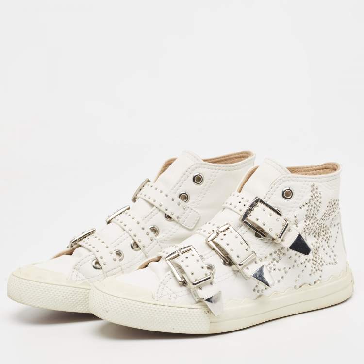Pre Owned Chloe White Leather Studded Buckle High Top Sneakers Size 37