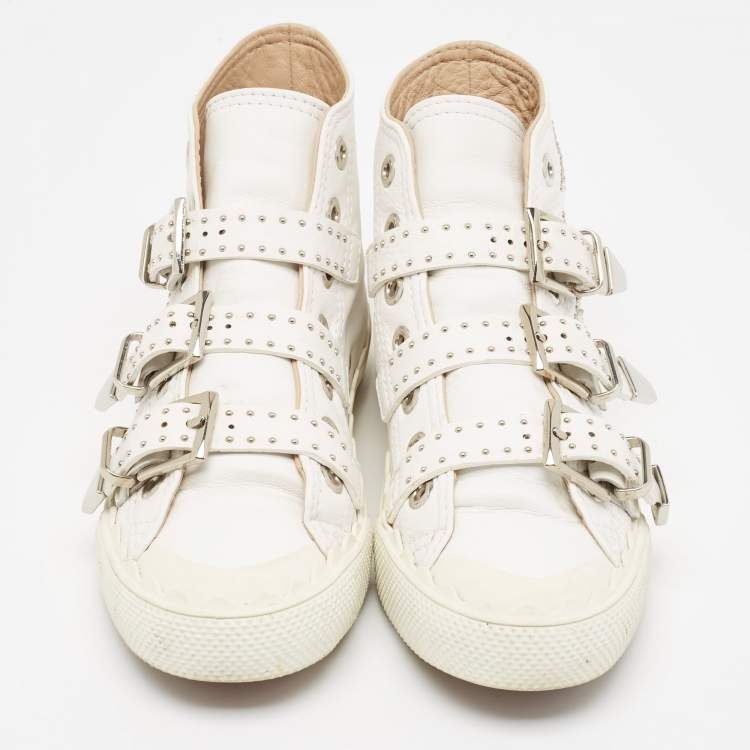 Pre Owned Chloe White Leather Studded Buckle High Top Sneakers Size 37
