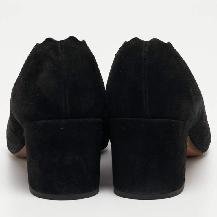 Pre Owned  Chloe Black Suede Laurena Scalloped Block Heel Pumps Size 38