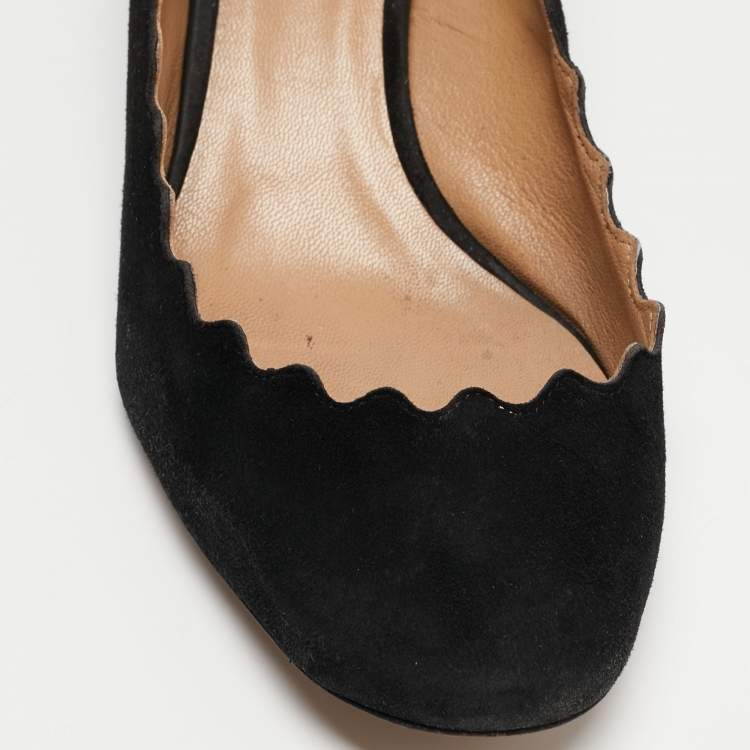 Pre Owned  Chloe Black Suede Laurena Scalloped Block Heel Pumps Size 38