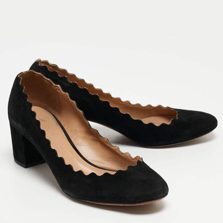 Pre Owned  Chloe Black Suede Laurena Scalloped Block Heel Pumps Size 38