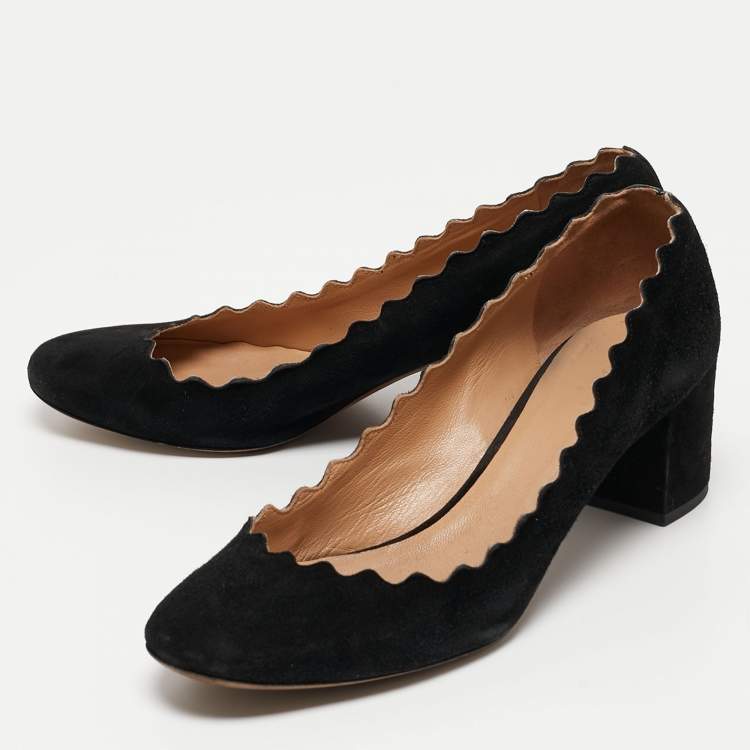 Pre Owned  Chloe Black Suede Laurena Scalloped Block Heel Pumps Size 38