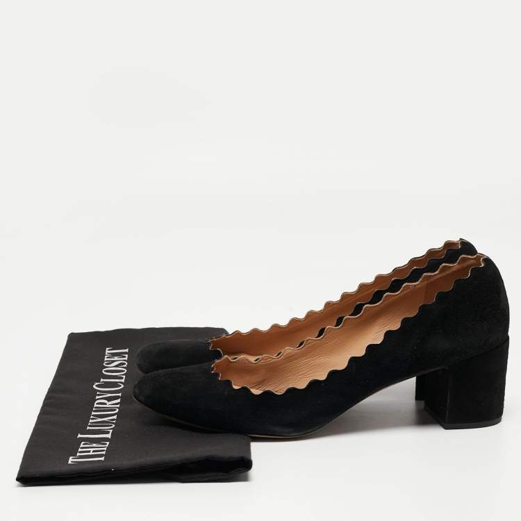 Pre Owned  Chloe Black Suede Laurena Scalloped Block Heel Pumps Size 38