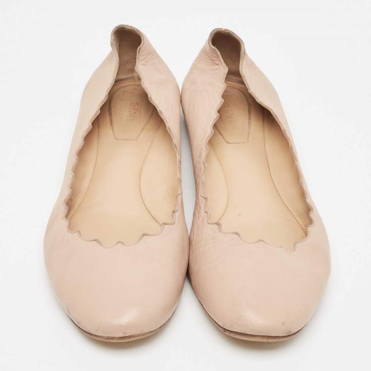 Pre Owned Chloe Beige Leather Laurena Scalloped Ballet Flats Size 38.5
