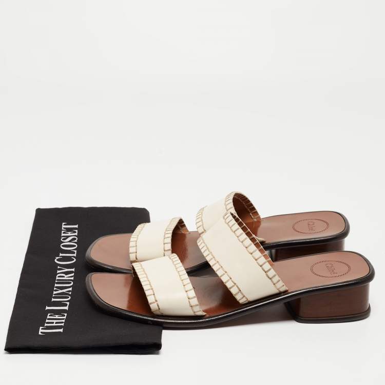 Pre Owned Chloe Cream Leather Flat Slides Size 40.5