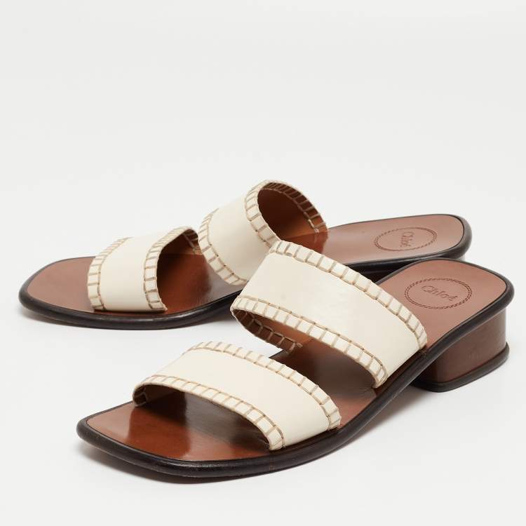 Pre Owned Chloe Cream Leather Flat Slides Size 40.5