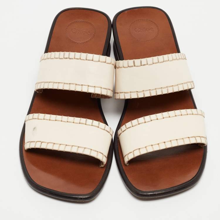 Pre Owned Chloe Cream Leather Flat Slides Size 40.5