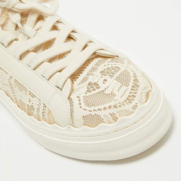 Pre Owned Chloe Cream Leather and Mesh Lauren Lace Up Sneakers Size 41