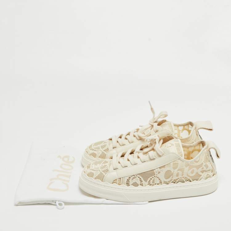 Pre Owned Chloe Cream Leather and Mesh Lauren Lace Up Sneakers Size 41
