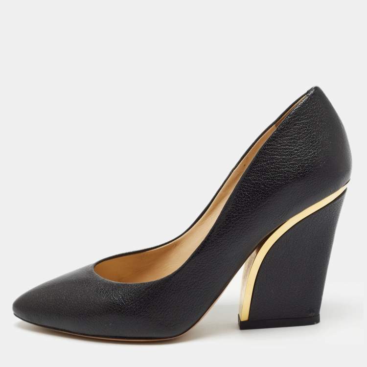 Pre Owned Chloe Black Leather Block Heel Pumps Size 37.5