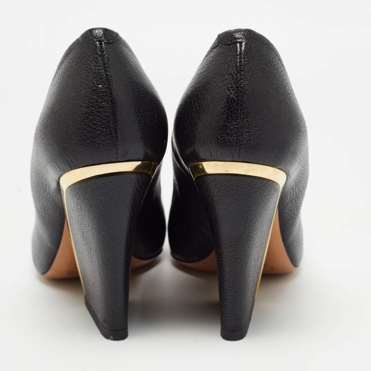 Pre Owned Chloe Black Leather Block Heel Pumps Size 37.5