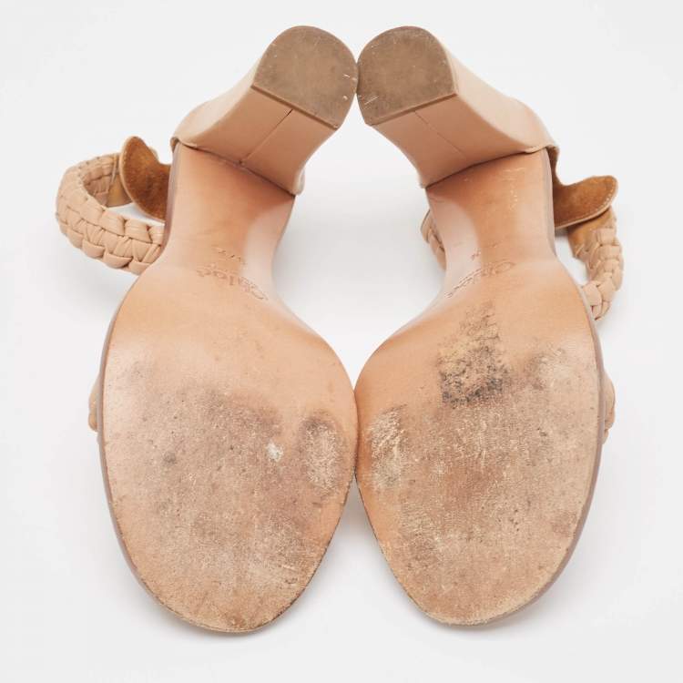 Pre Owned Chloe Brown Beige Leather Ankle Strap Sandals Size 37.5