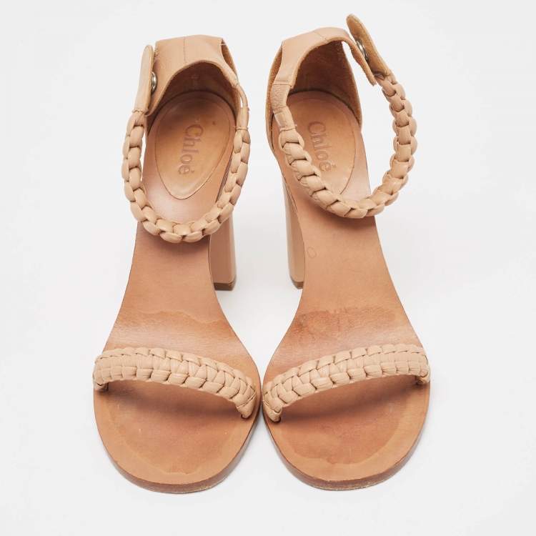 Pre Owned Chloe Brown Beige Leather Ankle Strap Sandals Size 37.5