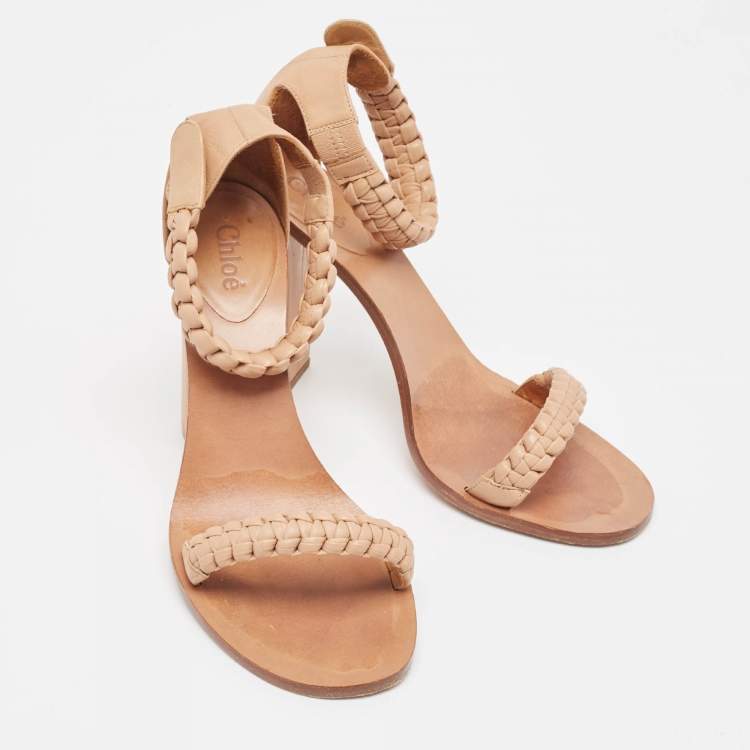 Pre Owned Chloe Brown Beige Leather Ankle Strap Sandals Size 37.5
