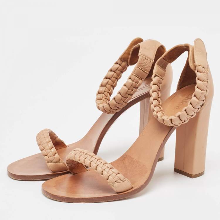 Pre Owned Chloe Brown Beige Leather Ankle Strap Sandals Size 37.5