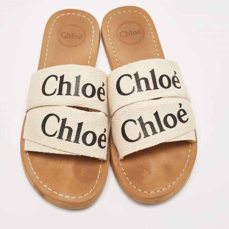 Pre Owned Chloe White/Beige Canvas Woody Slide Flats Size 36