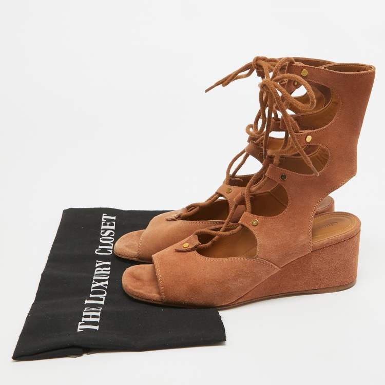 Pre Owned Chloe Brown Suede Caged Tie Up Ghillie Wedge Sandals Size 39