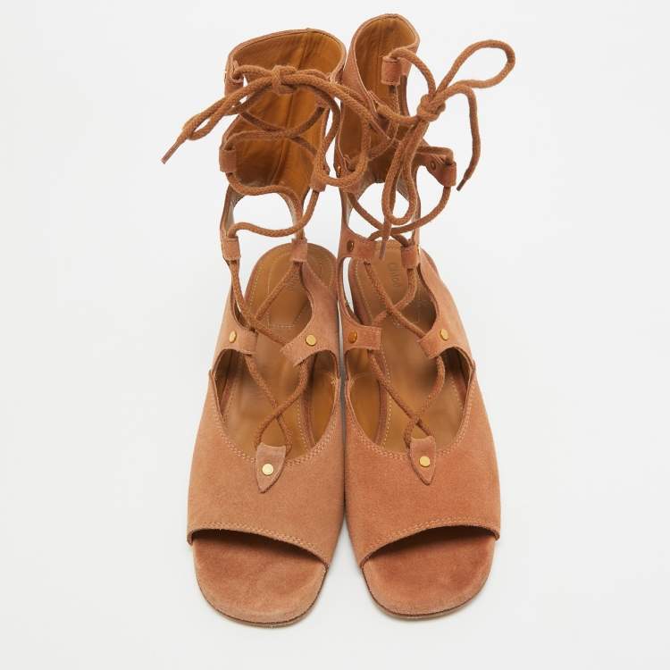 Pre Owned Chloe Brown Suede Caged Tie Up Ghillie Wedge Sandals Size 39