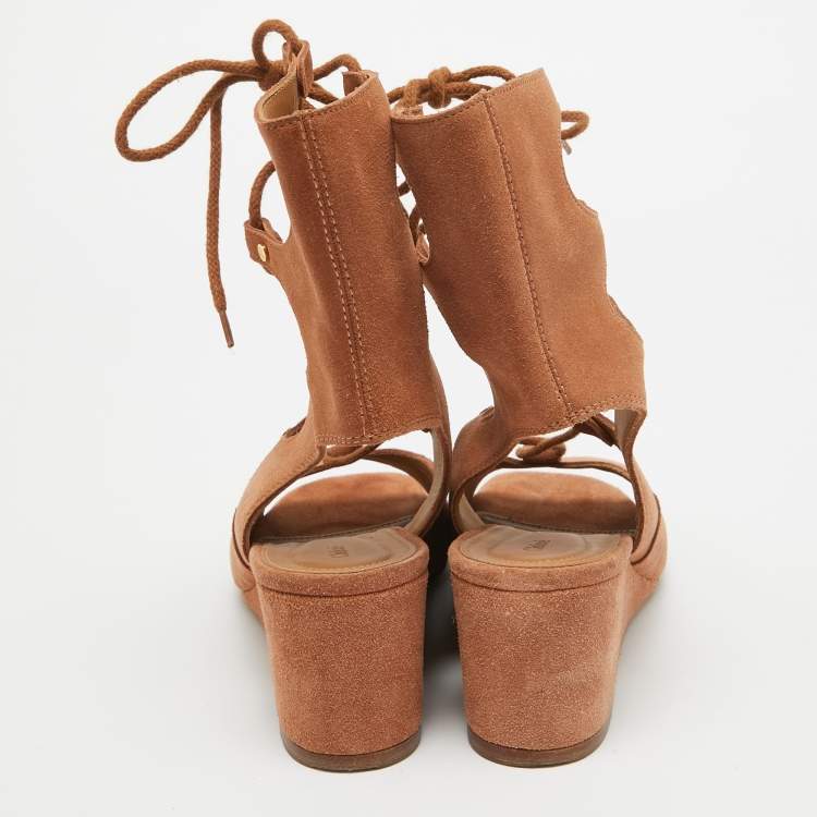 Pre Owned Chloe Brown Suede Caged Tie Up Ghillie Wedge Sandals Size 39