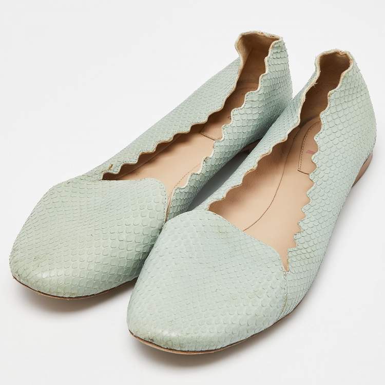 Pre Owned Chloe Green Watersnake Leather Scalloped Ballet Flats Size 38