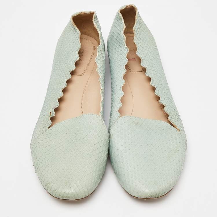 Pre Owned Chloe Green Watersnake Leather Scalloped Ballet Flats Size 38