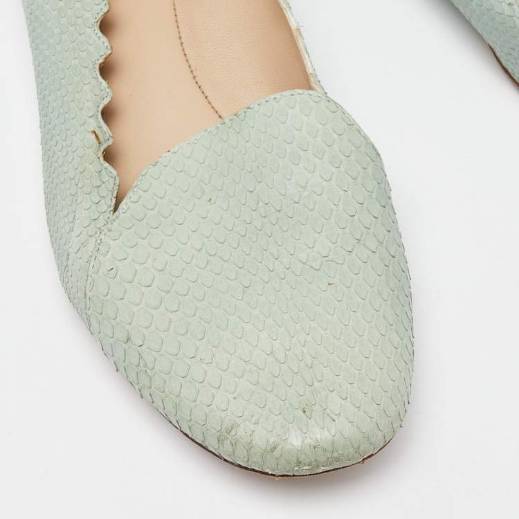 Pre Owned Chloe Green Watersnake Leather Scalloped Ballet Flats Size 38