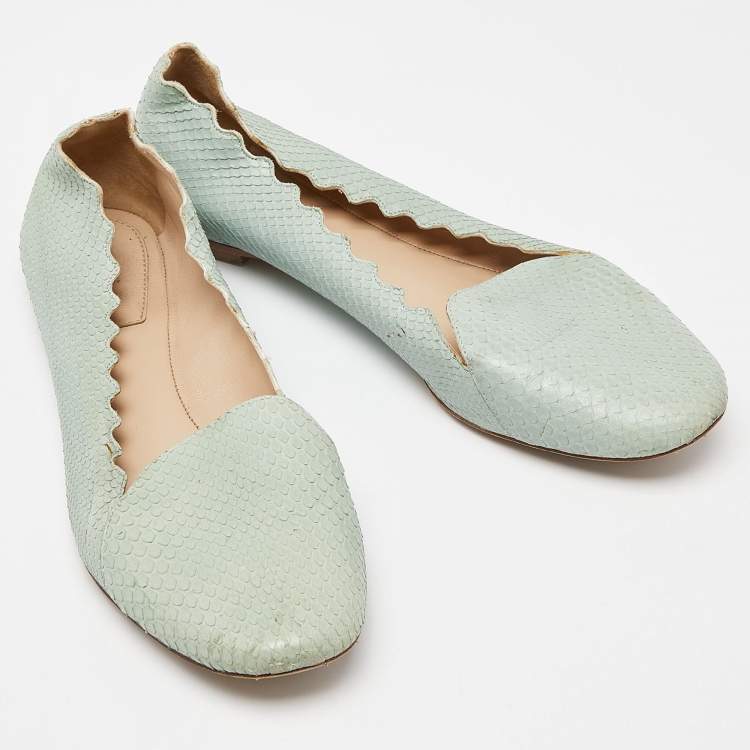 Pre Owned Chloe Green Watersnake Leather Scalloped Ballet Flats Size 38