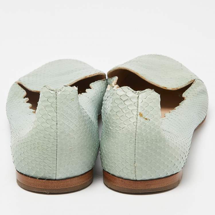 Pre Owned Chloe Green Watersnake Leather Scalloped Ballet Flats Size 38