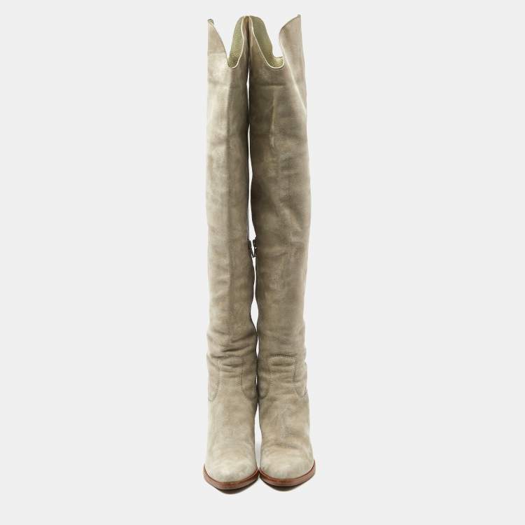 Pre Owned Chloe Grey Suede and Leather Over The Knee Length Boots Size 39.5