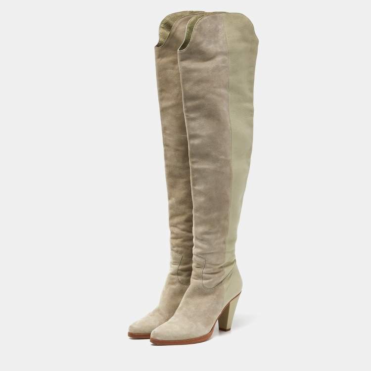 مملوكة مسبقًا Chloe Grey Suede and Leather Over The Knee Length Boots Size 39