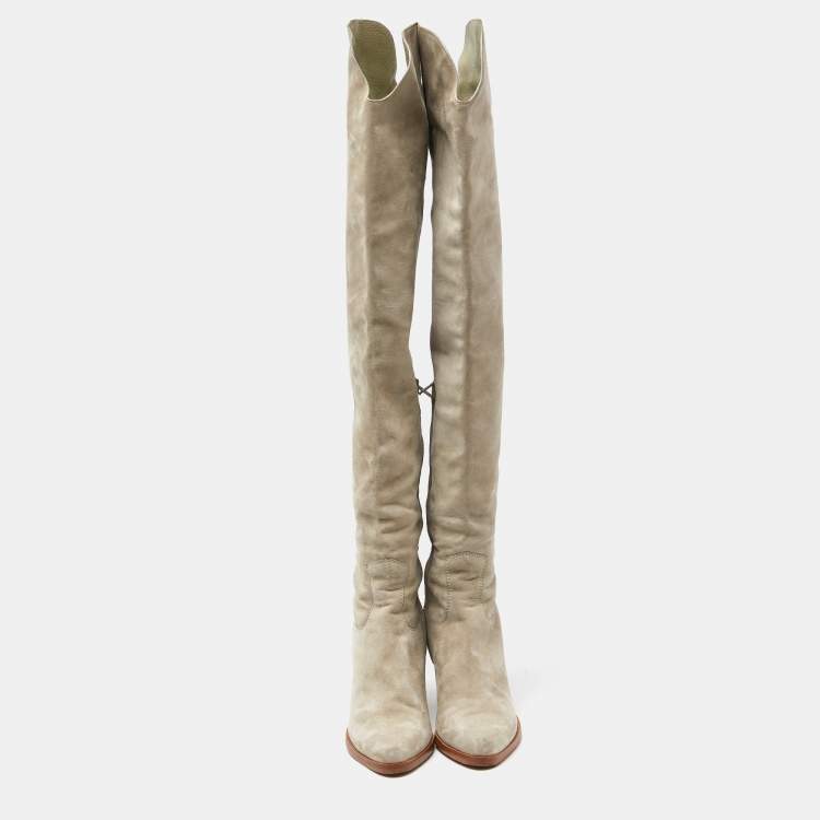 مملوكة مسبقًا Chloe Grey Suede and Leather Over The Knee Length Boots Size 39