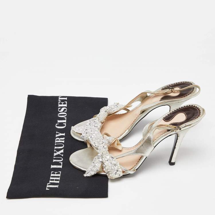 Pre Owned Chloe Silver Leather Crystal Embellished Bow Detail Ankle Strap Sandals Size 37.5