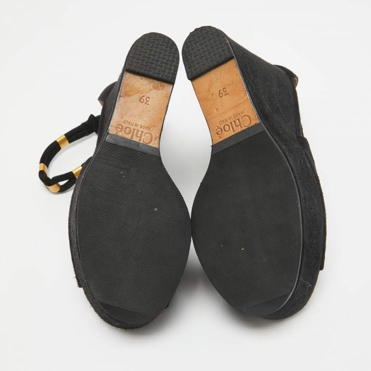 Pre Owned Chloe Black Suede Platform Wedge Ankle Strap Sandals Size 39