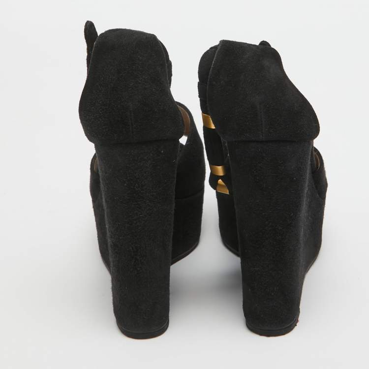 Pre Owned Chloe Black Suede Platform Wedge Ankle Strap Sandals Size 39