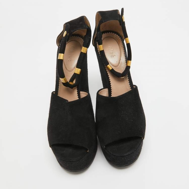 Pre Owned Chloe Black Suede Platform Wedge Ankle Strap Sandals Size 39